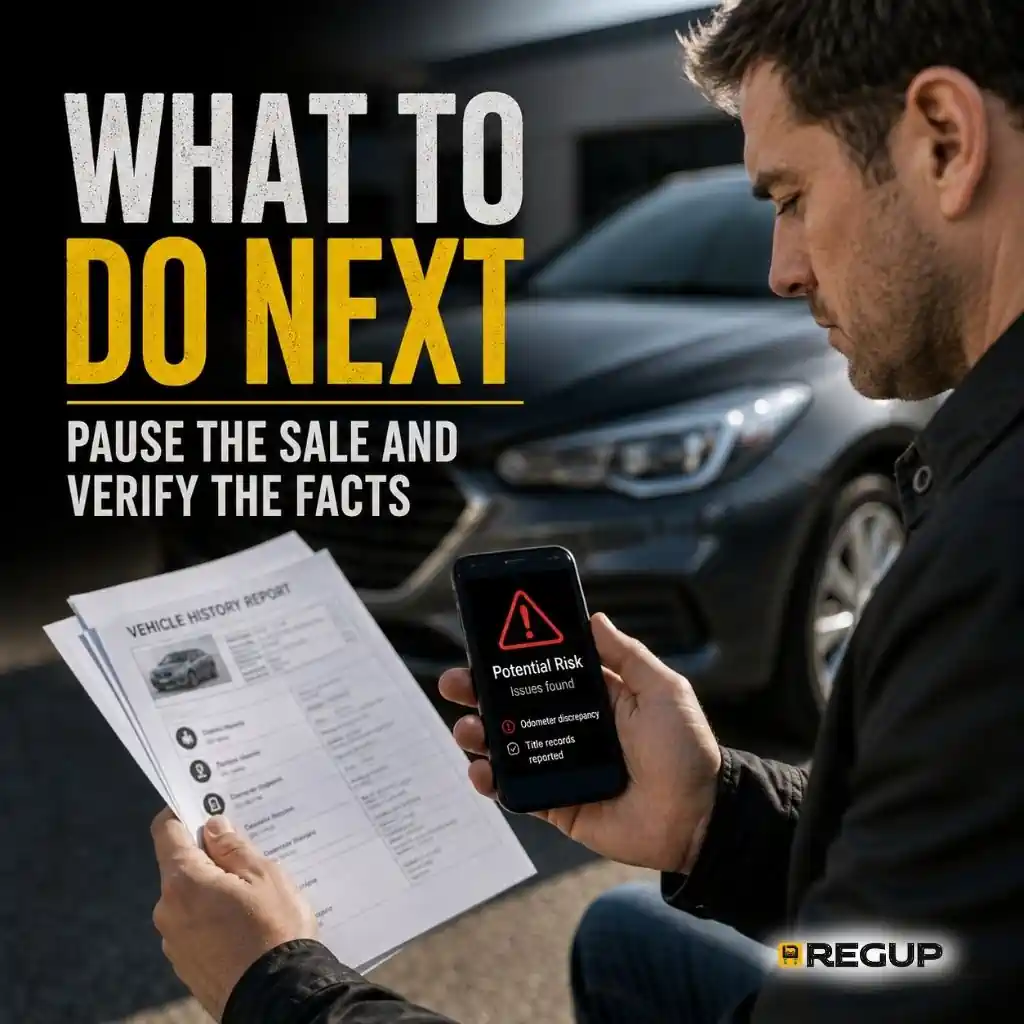 4. Used car buyer checking vehicle records after finding a possible mileage discrepancy