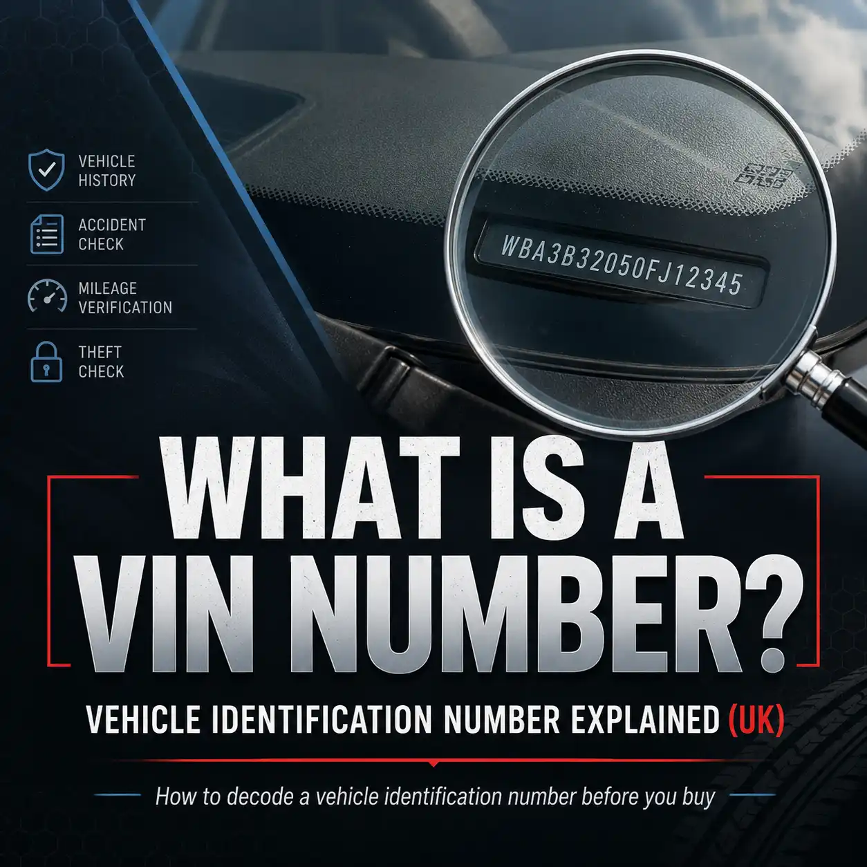 What Is a VIN Number feature image showing a car VIN plate under a magnifying glass with the title Vehicle Identification Number Explained (UK)