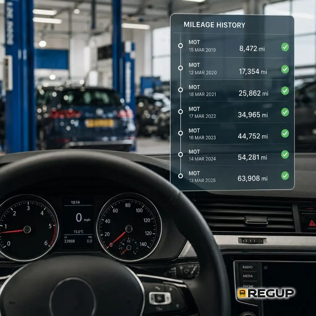 Car dashboard with a mileage history timeline from MOT records showing past mileage readings over time.