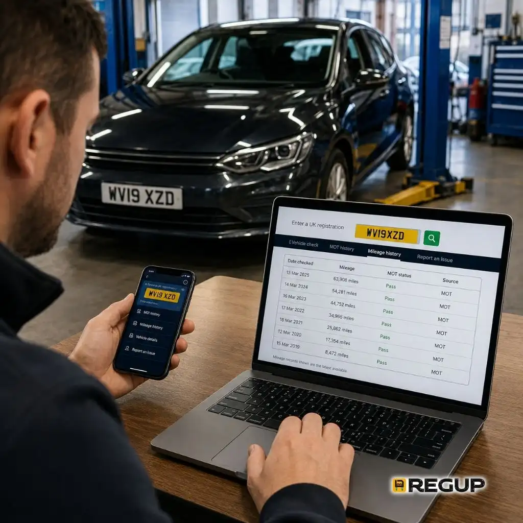 sed car buyer checking mileage history online by registration number using a laptop and smartphone.