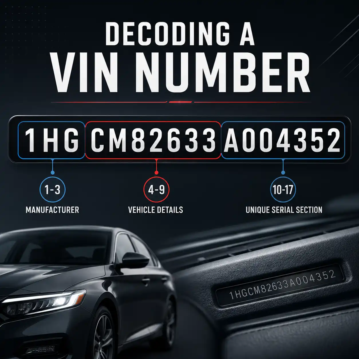 Infographic showing how a 17-character VIN number is decoded into manufacturer section, vehicle details section, and unique serial section