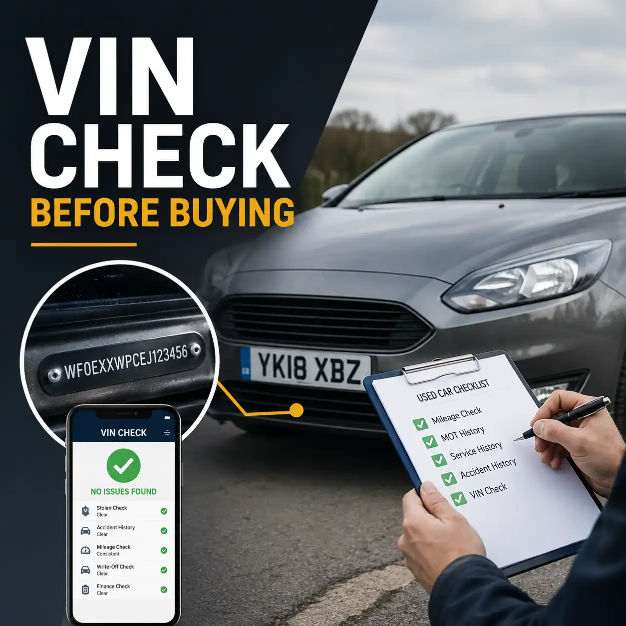 VIN check before buying image showing a used car, VIN plate, checklist, and mobile VIN check result screen