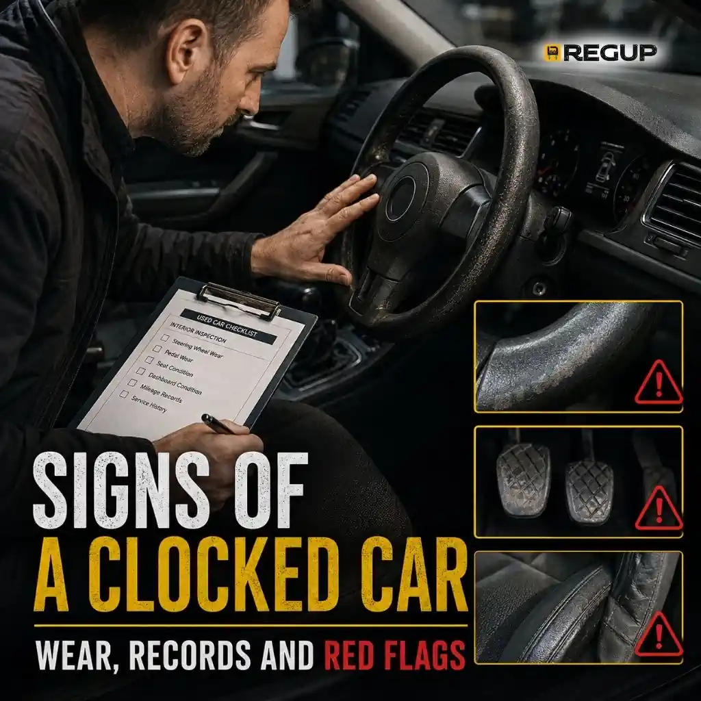 Buyer inspecting steering wheel, pedals and interior wear for signs of a clocked car