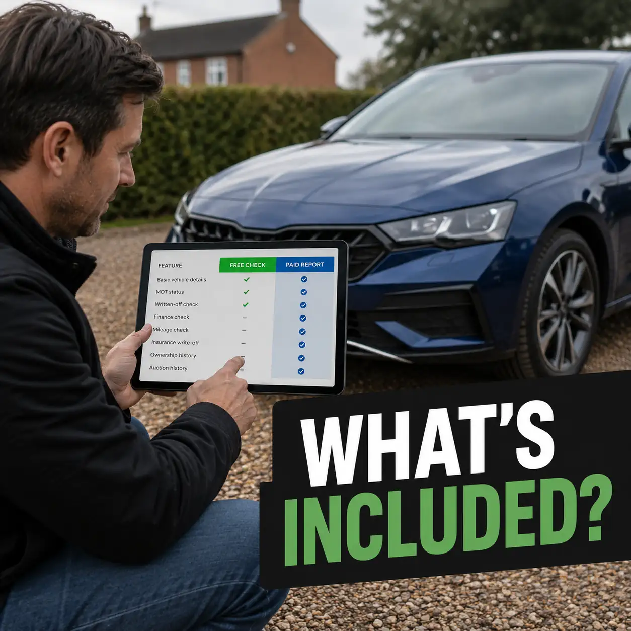 2. Free and paid car check comparison showing which vehicle history checks are included