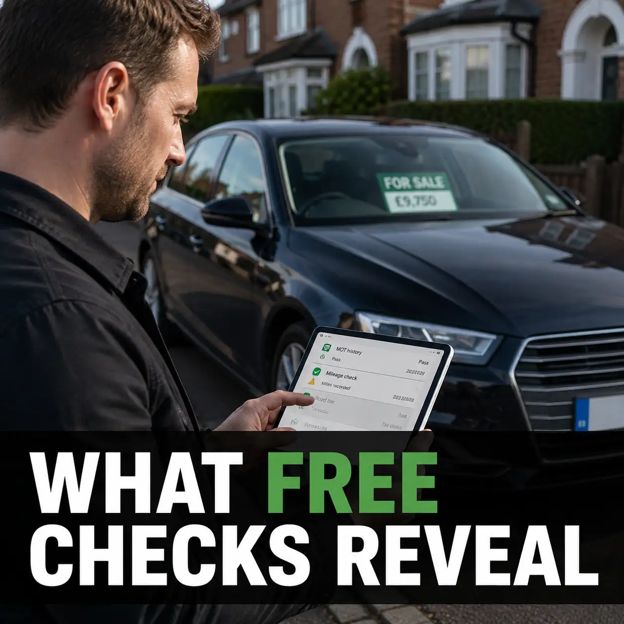 3. Driver reviewing free car check details including MOT history, mileage and road tax