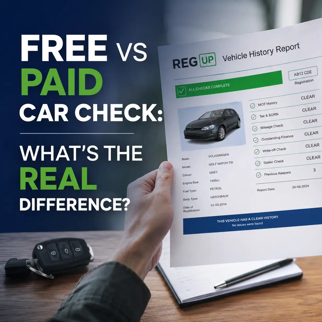 1. Free vs paid car check comparison showing a UK vehicle history report