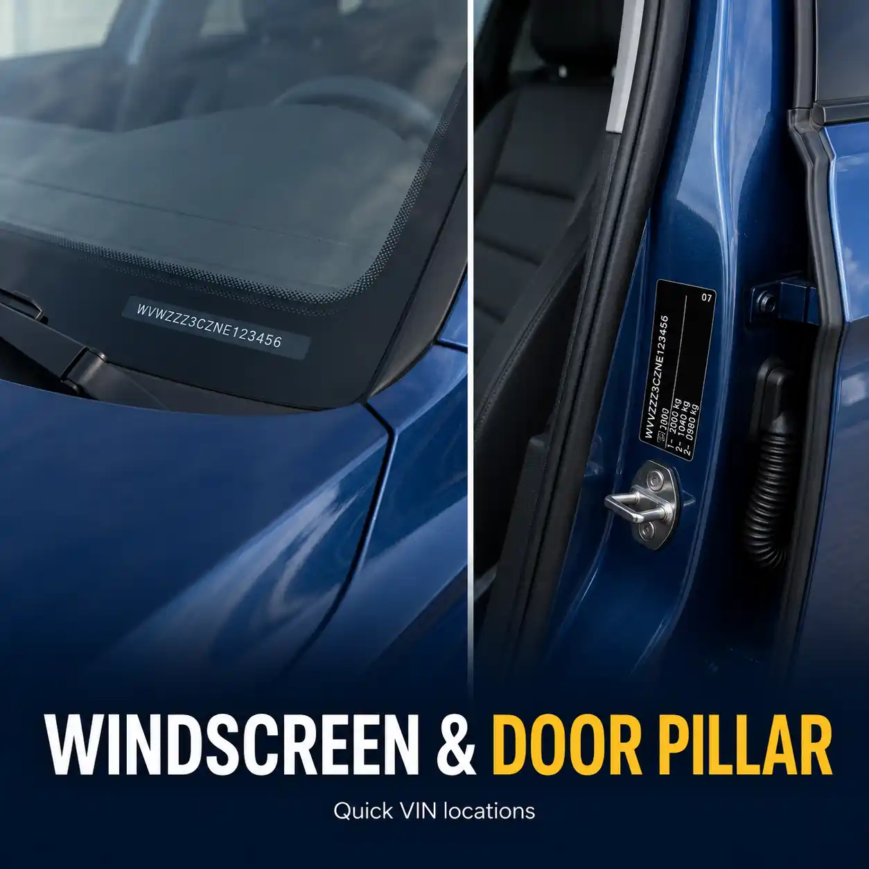 VIN number locations at the windscreen base and driver's door pillar on a UK car