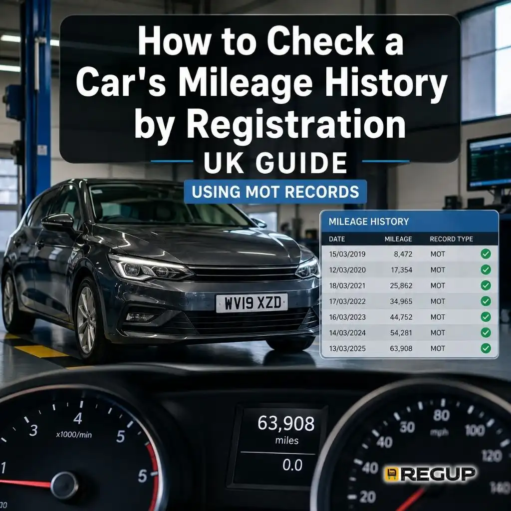 Car mileage history guide image showing a used car, MOT records table and odometer for checking mileage by registration in the UK.