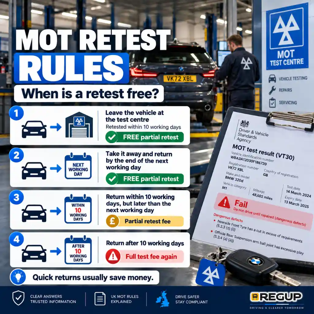 MOT retest rules showing when a partial retest is free and when additional test fees apply
