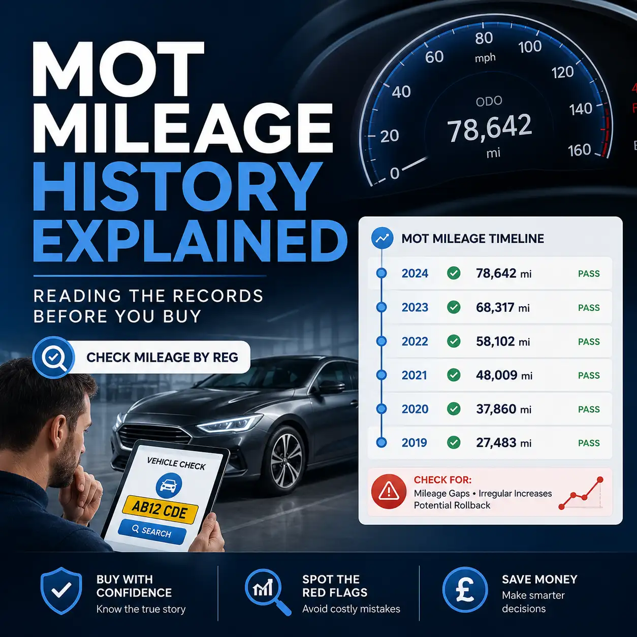4. Check mileage by registration graphic showing MOT mileage history on a laptop and phone with a registration plate search example.