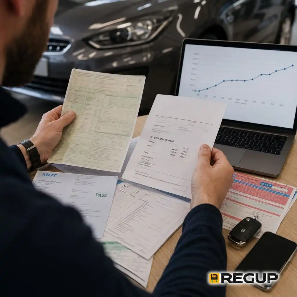 3. Buyer checking MOT certificates, service history and repair invoices for a used car mileage discrepancy.