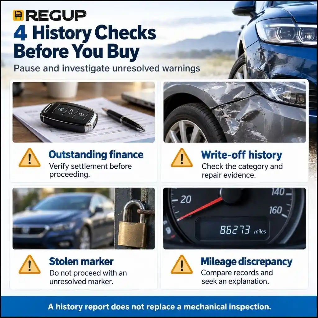 Four used car history checks covering outstanding finance, write-off history, stolen markers and mileage discrepancies.