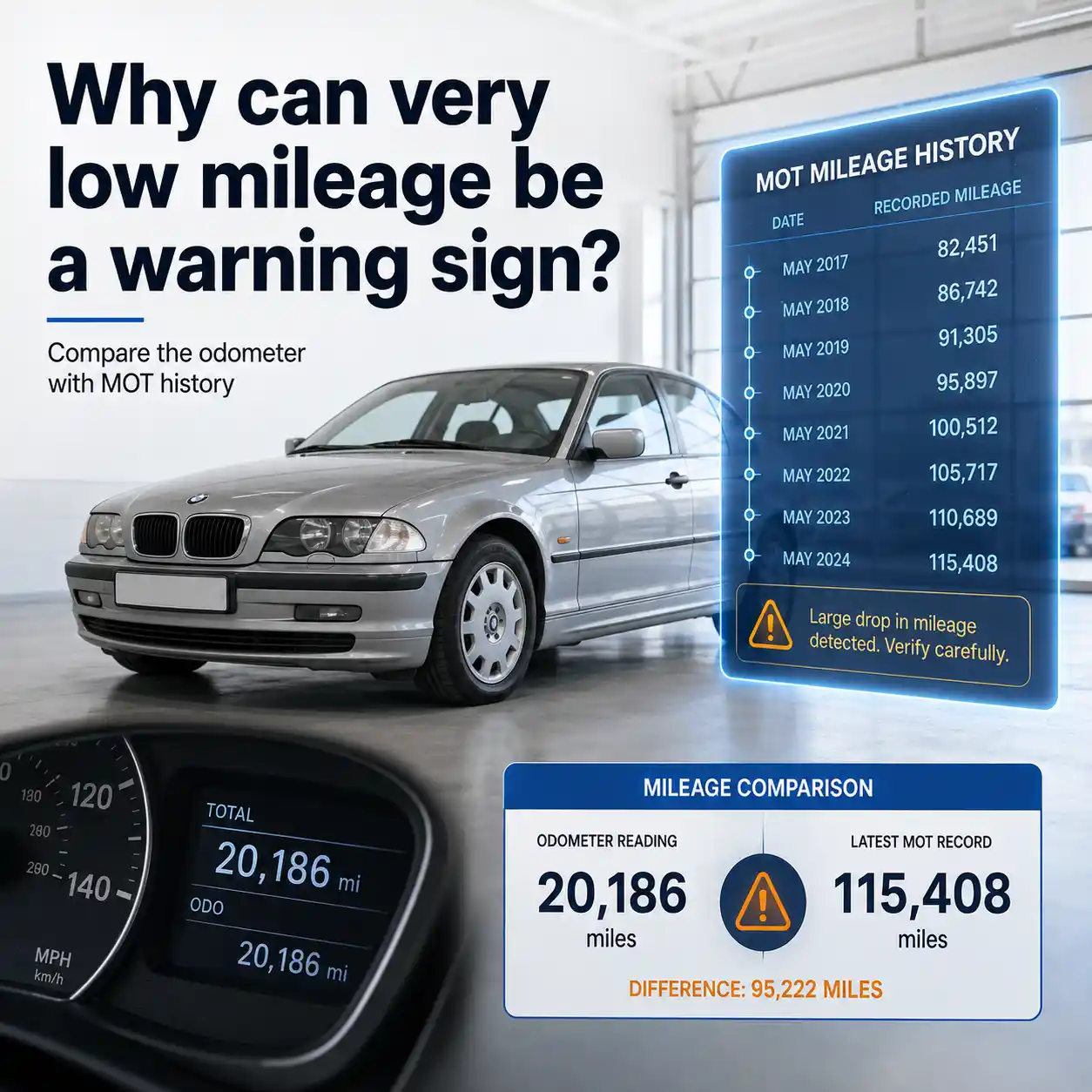 4. Low mileage used car showing odometer and MOT mileage history comparison to identify suspicious mileage