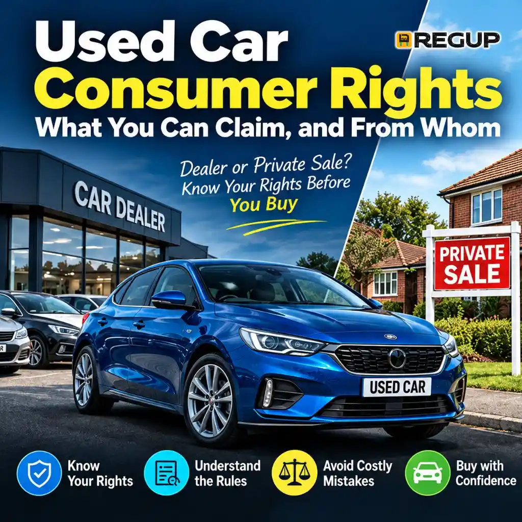 Used Car Consumer Rights infographic cover showing a blue used car between a car dealer showroom and a private sale sign, explaining dealer vs private sale rights in the UK.