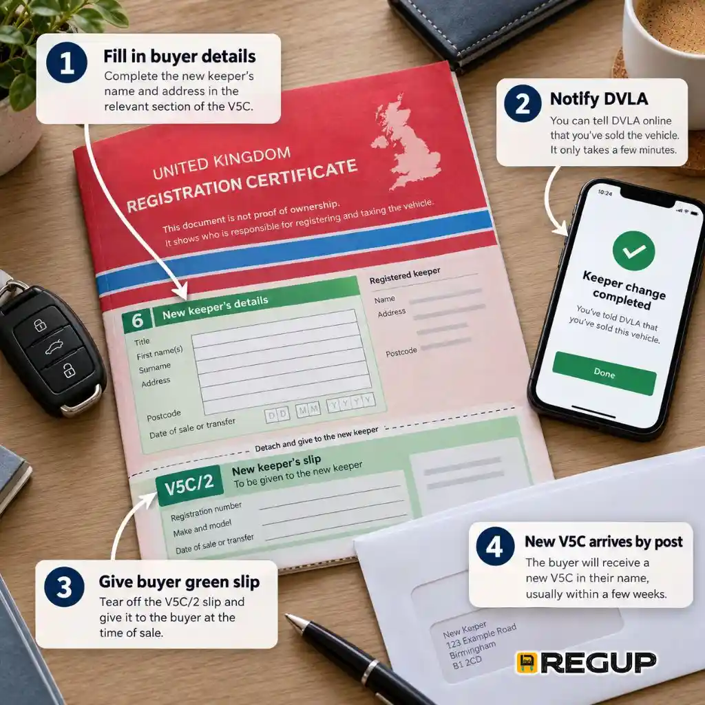 Infographic showing the key details a UK car sale receipt should include, such as buyer and seller details, date and time, vehicle information, VIN, mileage, price, payment method, faults, and signatures