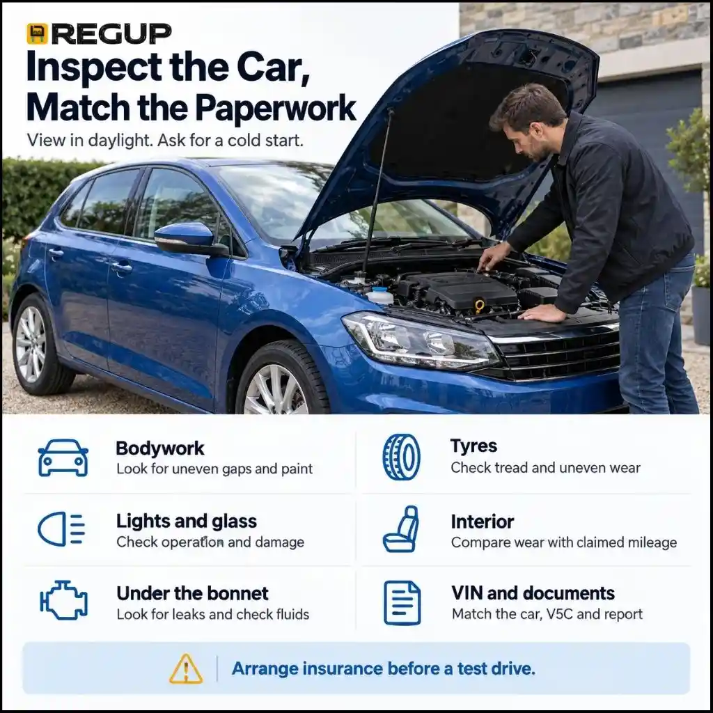 Buyer inspecting a car engine alongside a checklist for bodywork, tyres, lights, interior, fluids and VIN documents.