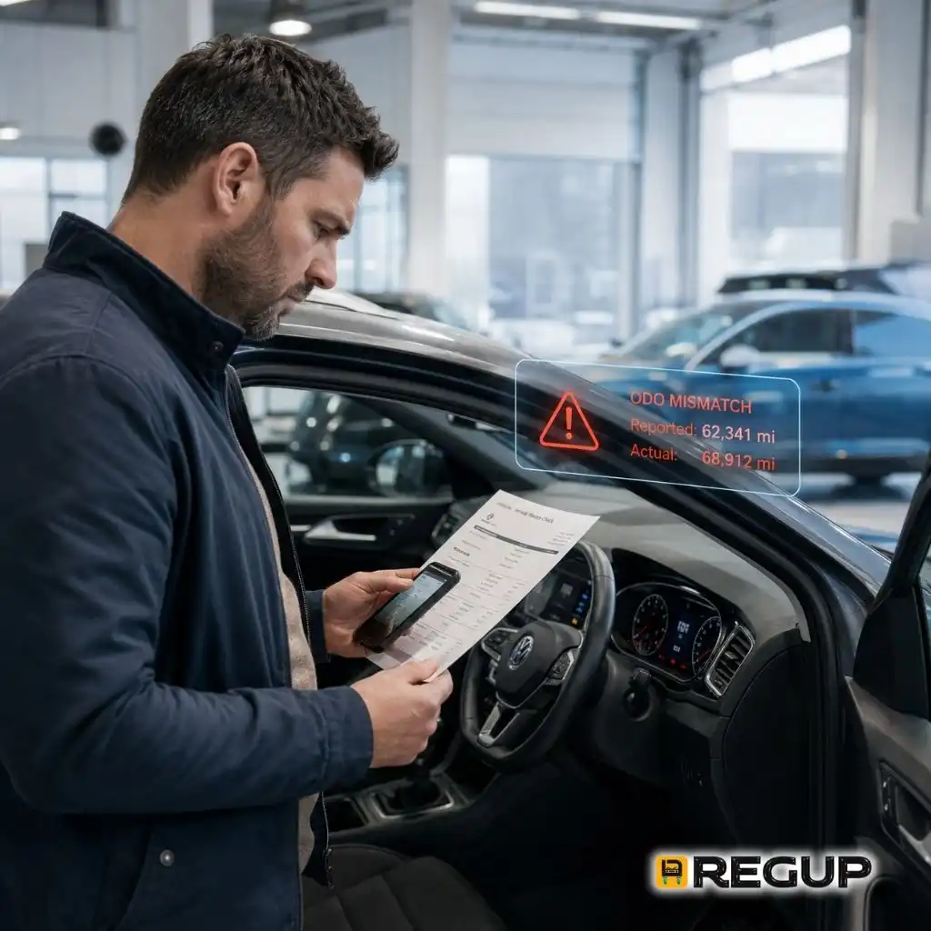 Used car buyer checking an odometer mismatch against vehicle history records before purchase.
