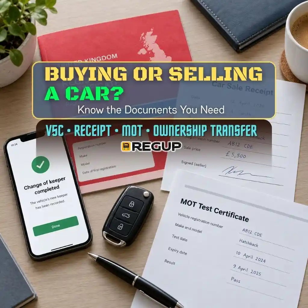 UK car sale documents on a desk including a V5C registration certificate, car sale receipt, MOT certificate, car key, and phone showing keeper change completed