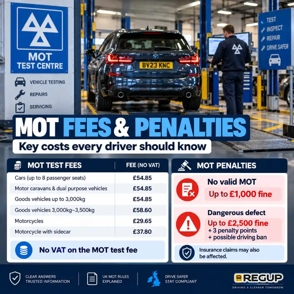 UK MOT test fees and penalties including fines for driving without a valid MOT or with a dangerous defect