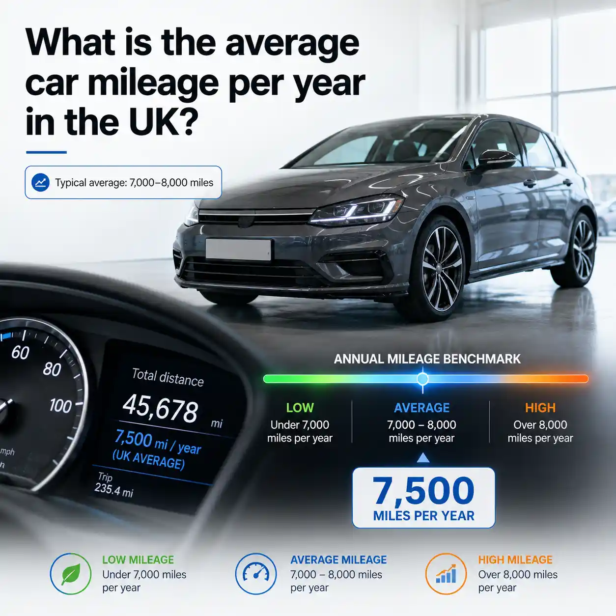 UK car mileage benchmark showing an average of around 7,000 to 8,000 miles per year