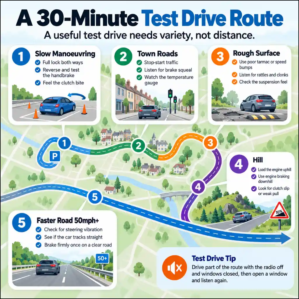 30 minute used car test drive route infographic showing slow manoeuvring, town roads, rough surfaces, hills, and faster roads to check vehicle condition.