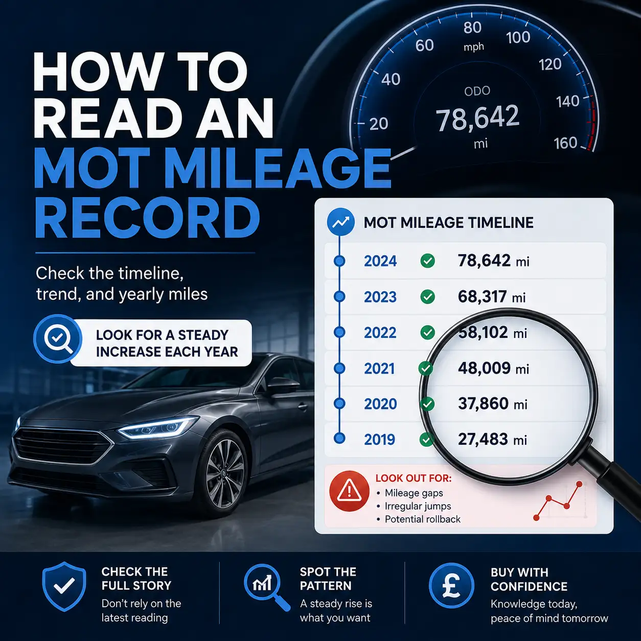 MOT mileage history explained graphic showing a car, mileage timeline, odometer reading, and check mileage by reg concept before buying a used car