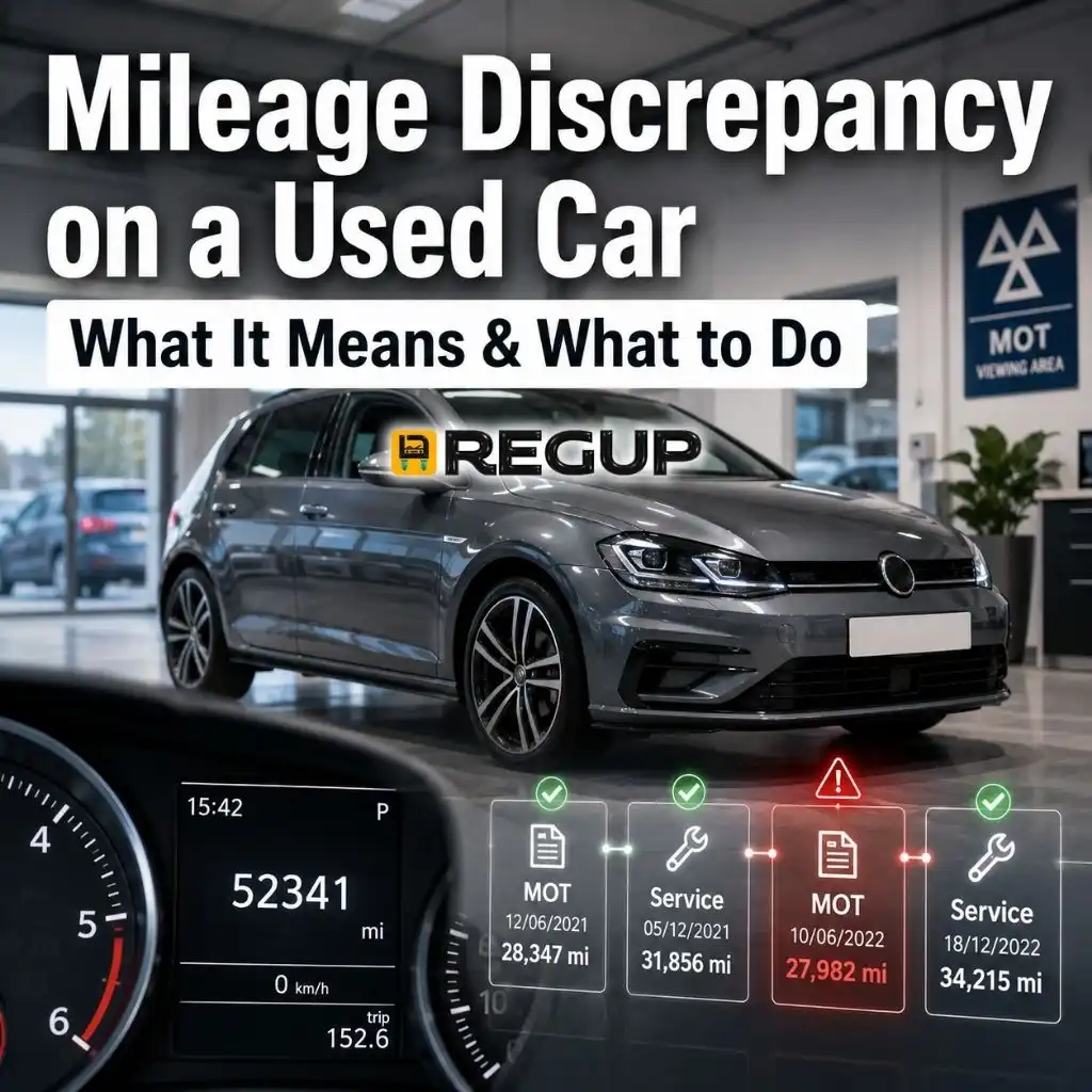 Used car with MOT mileage discrepancy timeline showing a suspicious mileage drop.