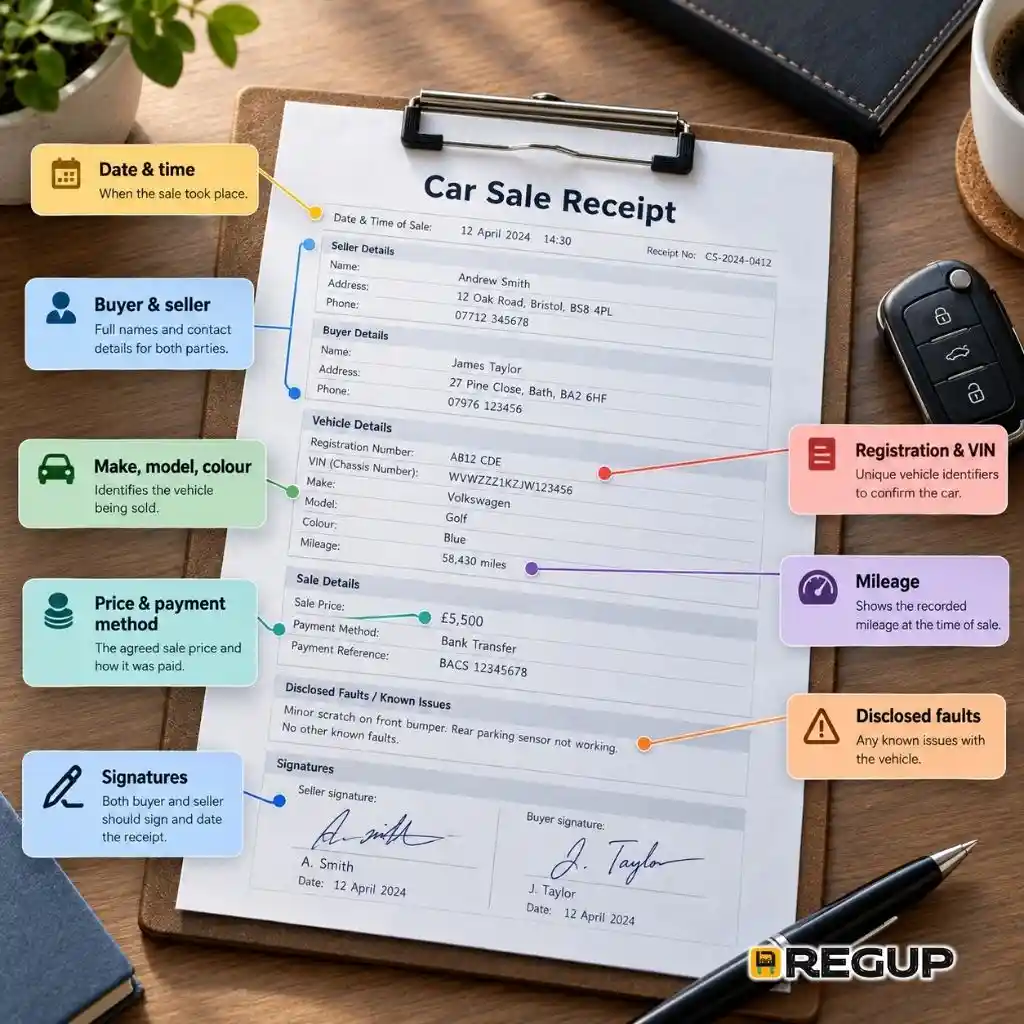 Step-by-step infographic showing how to complete the V5C for a private car sale, notify DVLA, give the buyer the V5C/2 green slip, and wait for the new V5C