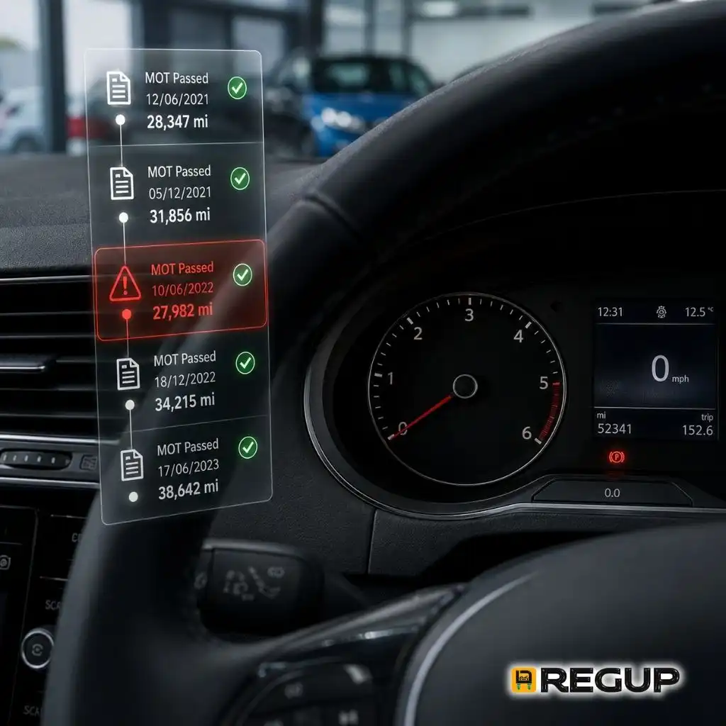 Used car dashboard with MOT mileage history showing a mileage discrepancy.