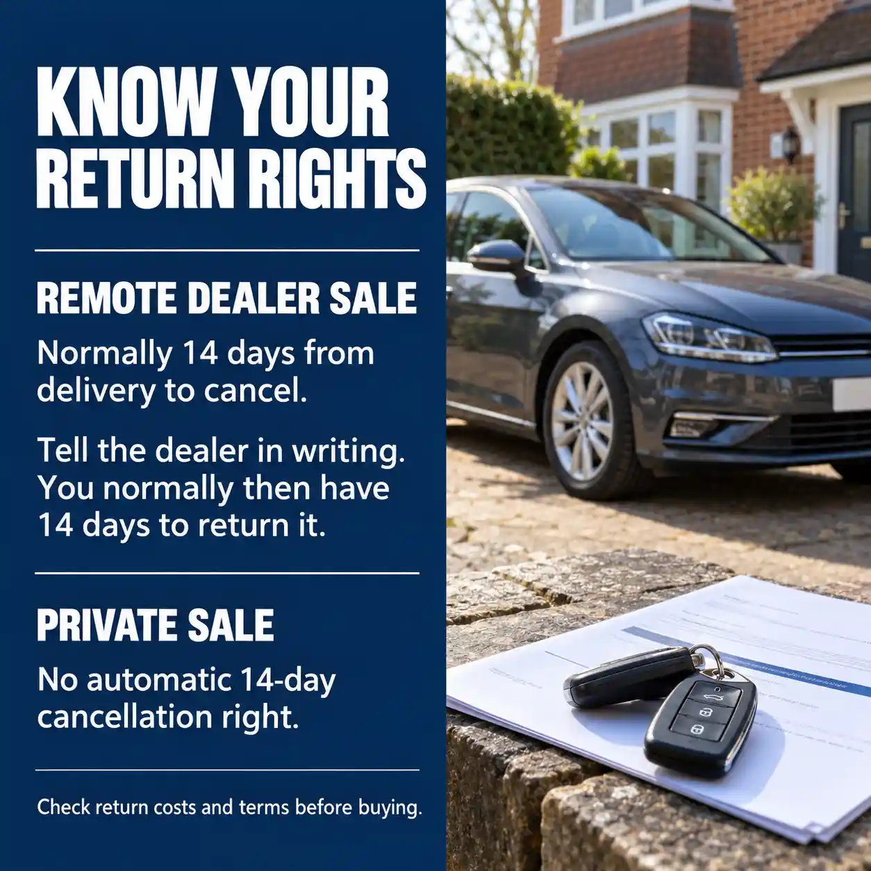 Return rights for a remote dealer car purchase compared with a private sale in the UK