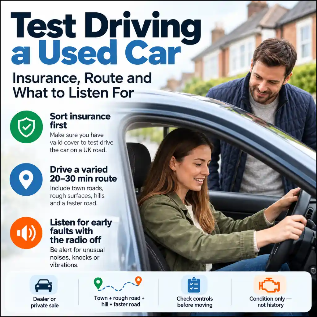 Test driving a used car guide infographic showing insurance requirements, a 20–30 minute route plan, and key checks to identify vehicle problems before buying.