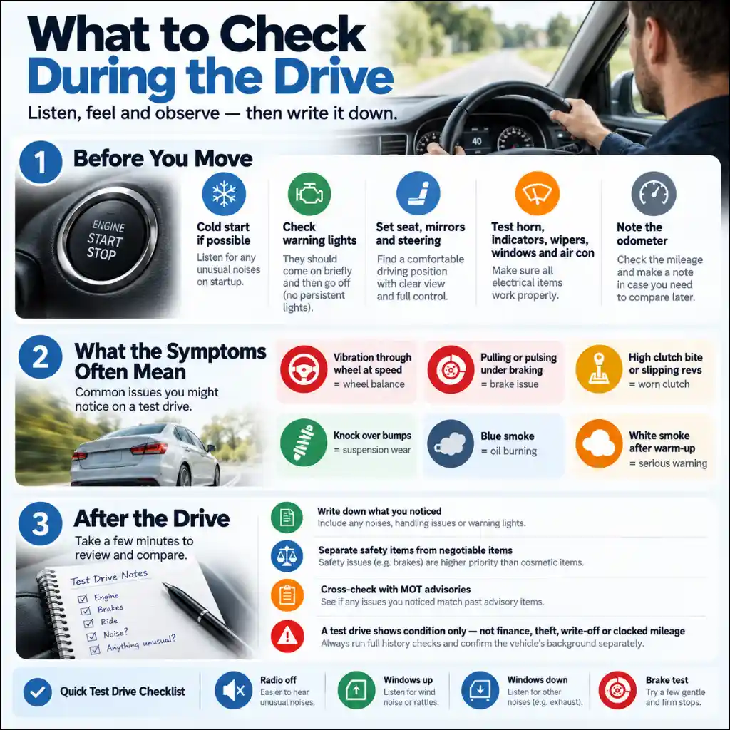 Used car test drive checklist infographic showing pre-drive checks, common warning symptoms, noises, vibrations, and notes to make after the test drive.