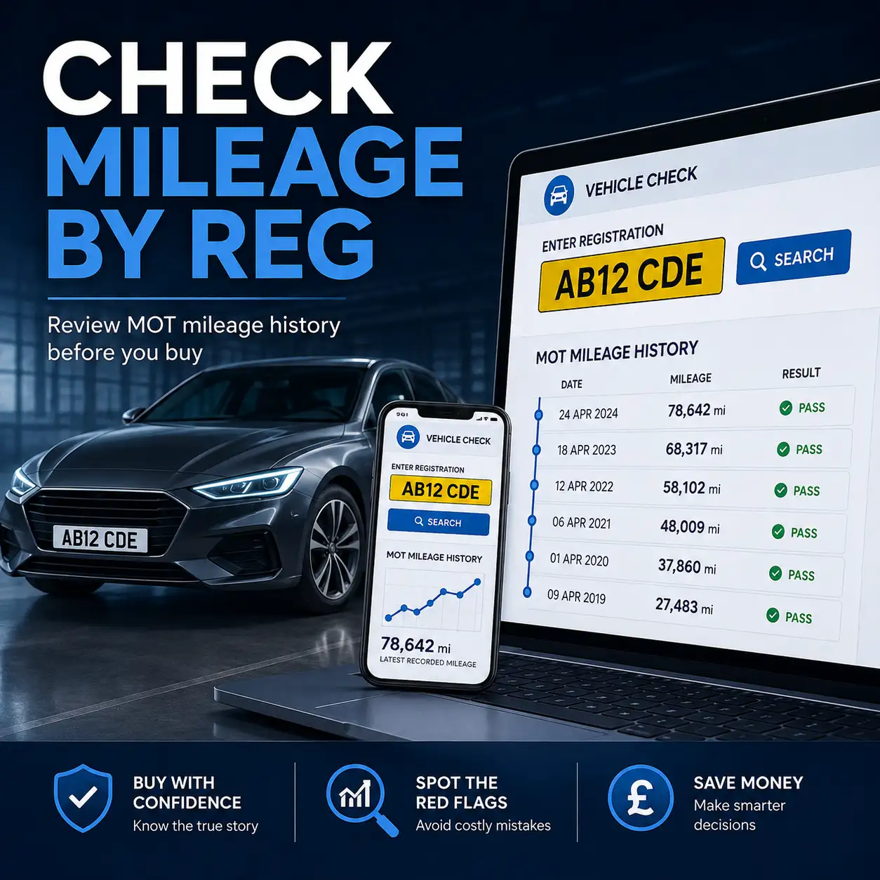 2. How to read an MOT mileage record with a mileage timeline, yearly readings, and steady increase pattern for used car checks.