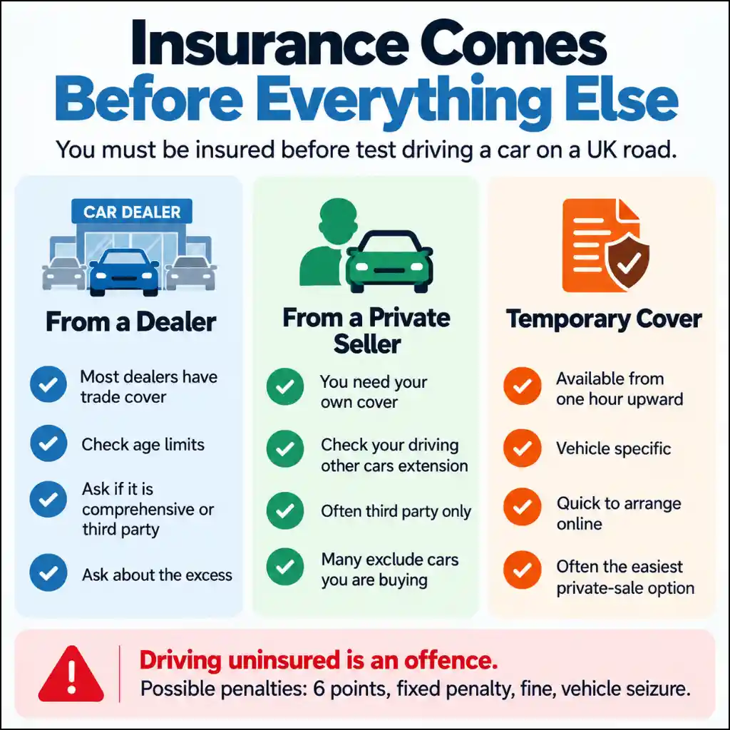 Used car test drive insurance guide infographic showing dealer cover, private seller insurance requirements, temporary cover options, and penalties for driving uninsured in the UK.