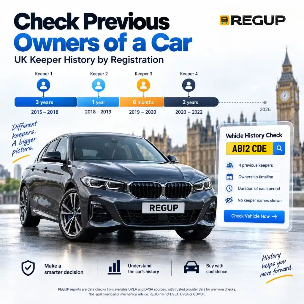 Check previous owners of a car in the UK with a keeper history timeline and REGUP vehicle history check