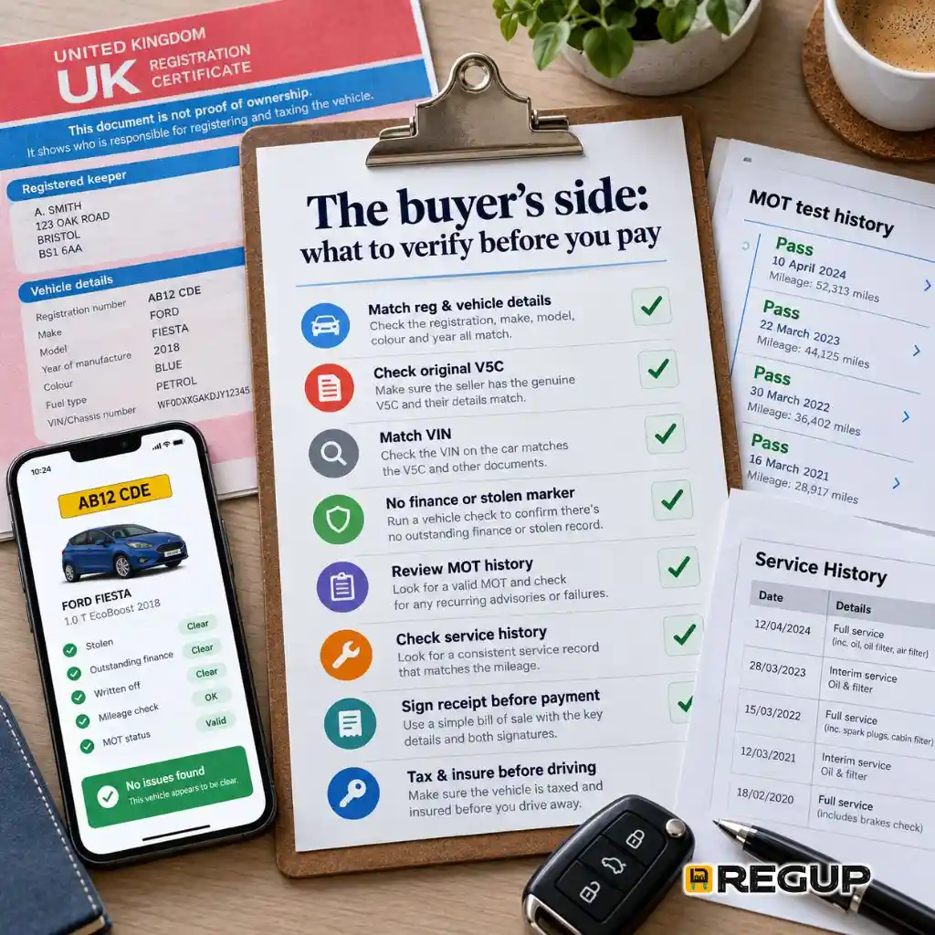 Buyer checklist infographic for a used car purchase in the UK, showing V5C checks, VIN matching, finance check, MOT history, service history, receipt signing, and tax and insurance steps