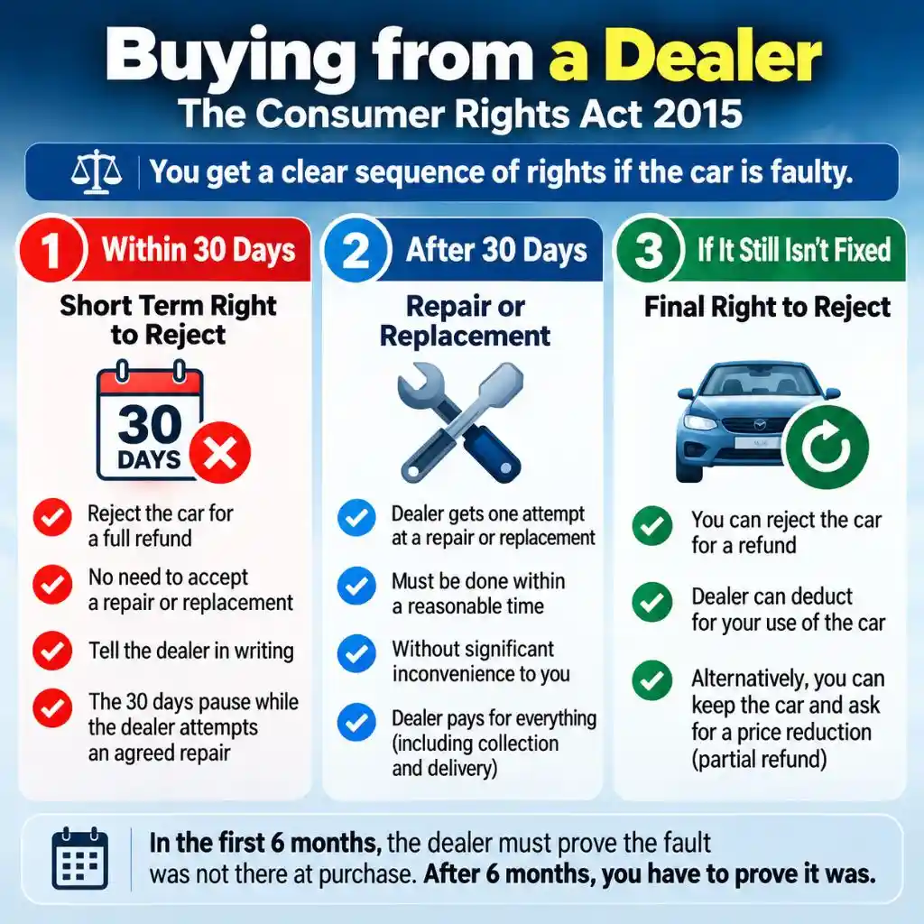 Infographic explaining used car buyer rights under the Consumer Rights Act 2015, including the 30-day right to reject, repair or replacement, and final right to reject.
