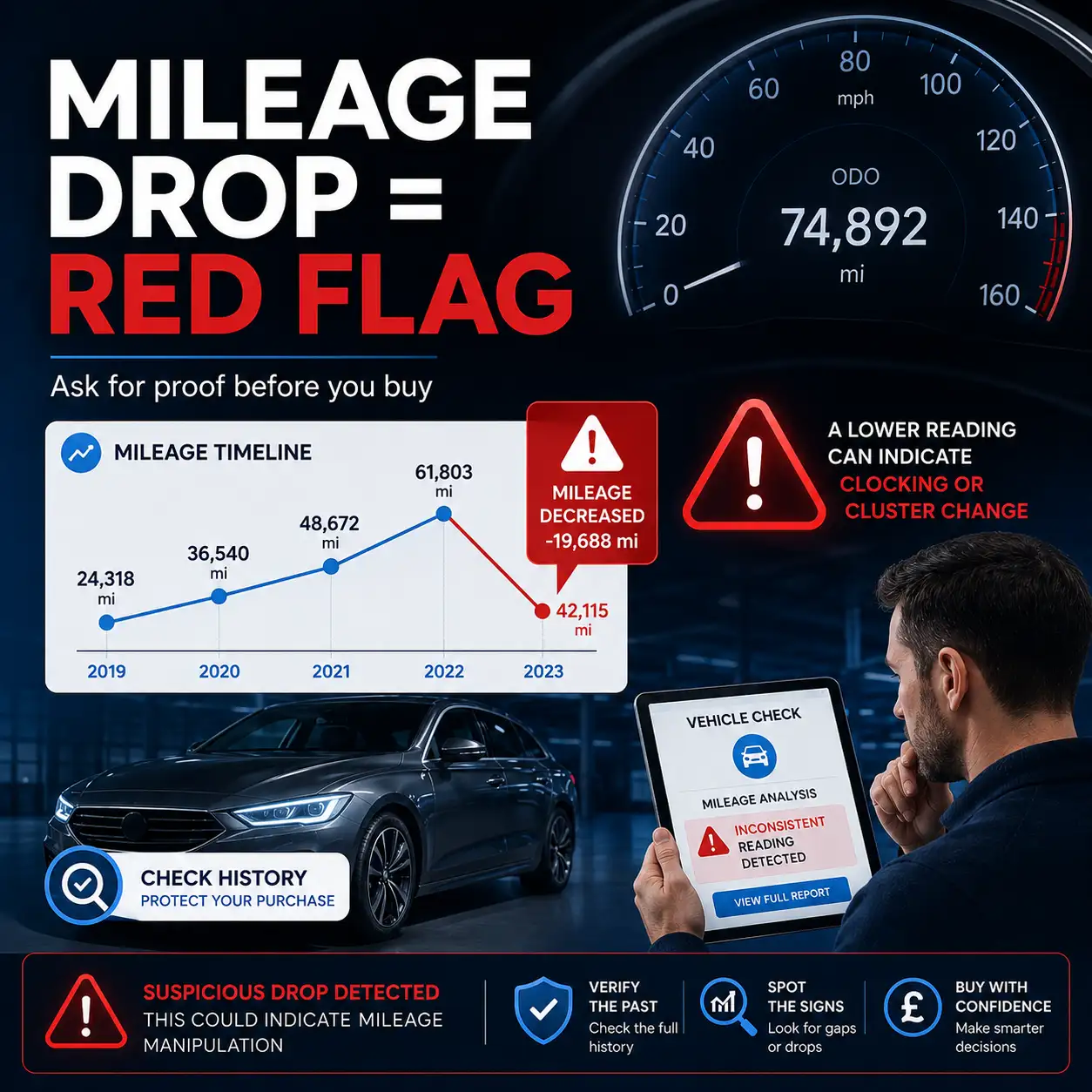 2. How to read an MOT mileage record with a mileage timeline, yearly readings, and steady increase pattern for used car checks.