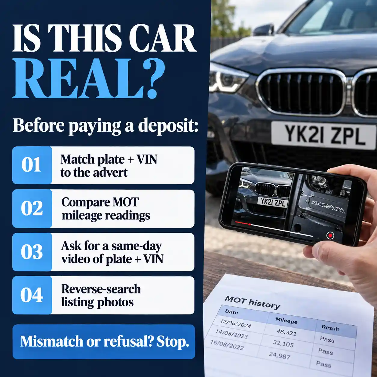 Checklist to verify a used car’s registration, VIN, MOT mileage and listing photos before paying