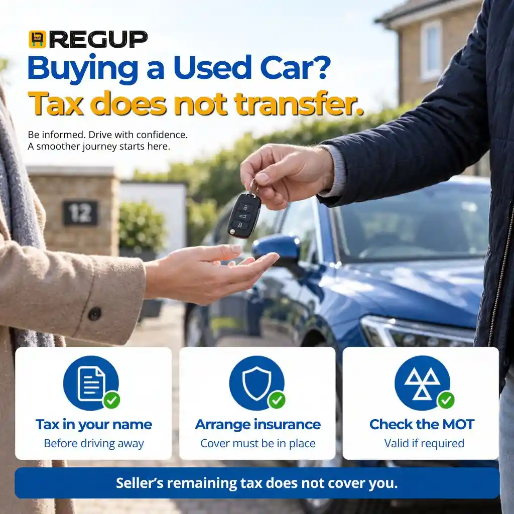 Car key handover with a checklist to arrange vehicle tax, insurance and a valid MOT if required.