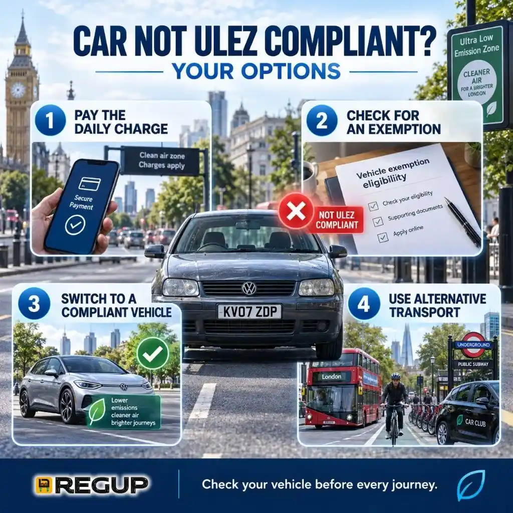Options for a car that is not ULEZ compliant including paying the charge, exemption and alternative transport